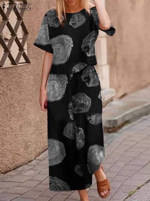Women's Two Piece Pants Summer Floral Wide Leg Tracksuits Female Women Casual Cotton Matching Sets ZANZEA Bohemian Printed Short Sleeve Pant Sets