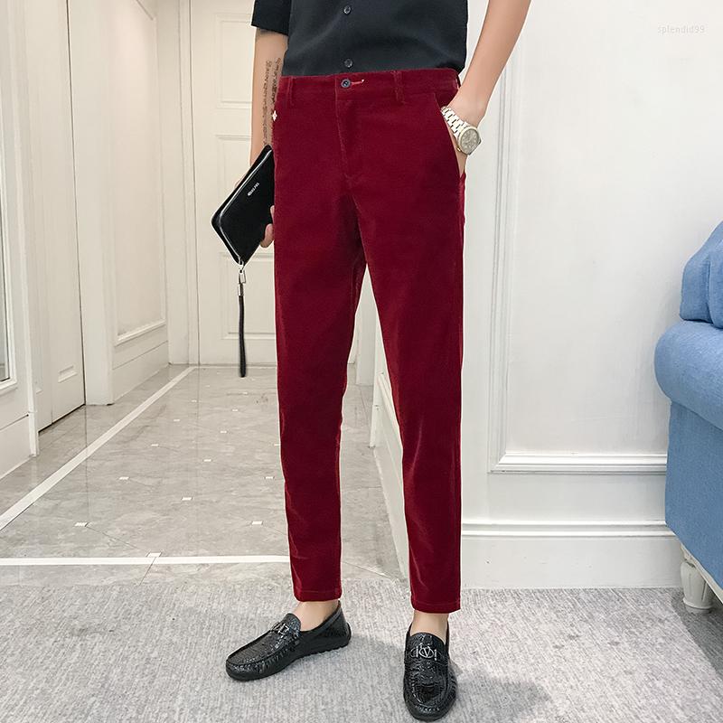 

Men's Pants Red Velvet Dress Mens Fashion Slim Fit Elegant Clothing Velour Burgundy Cropped Social Claret Trousers, Black