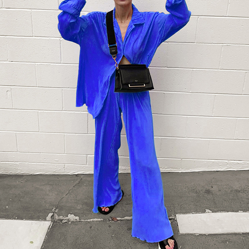 Women's Two Piece Pants Women's Suit Solid Long Sleeve Pleated Blouse With High Wasit Pants 2 piece Sets Womens Outfits Loose Elegant Office