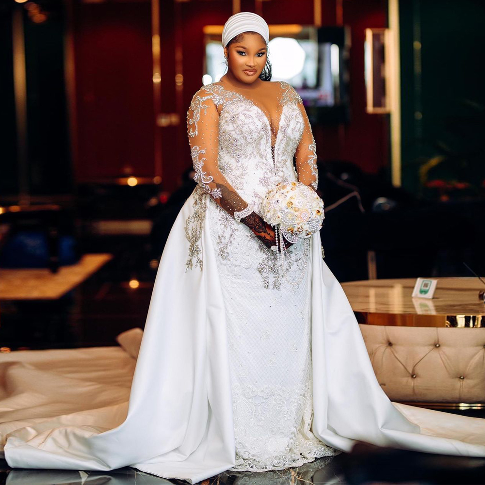 Plus Size Aso Ebi Mermaid Wedding Dresses with Detachable Train Illusion Long Sleeve African Beaded Lace Mariage Bridal Gown