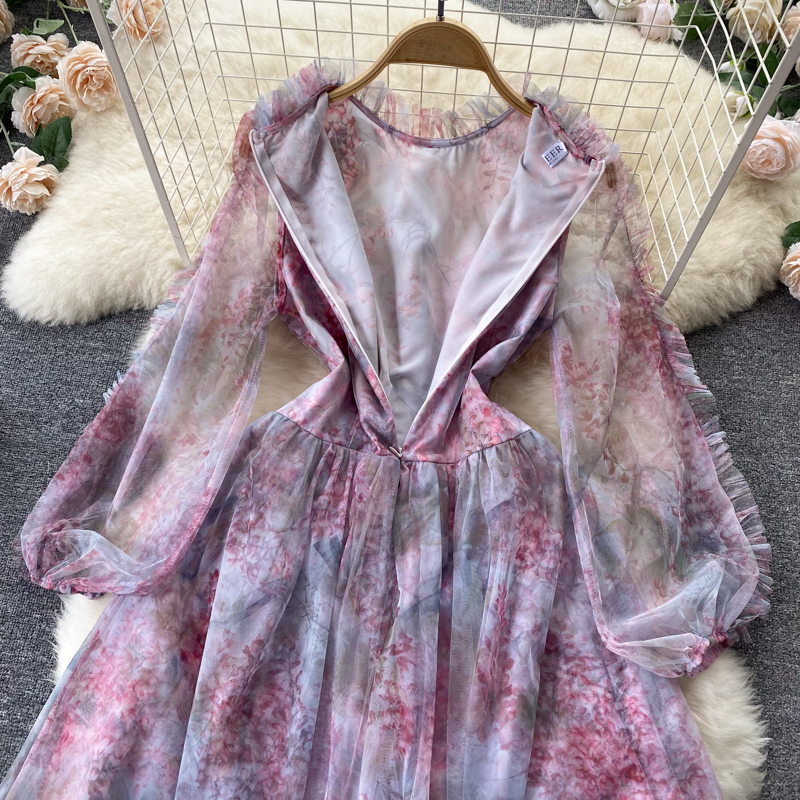 Vintage Super Fairy French Tea Break Dress Mesh Print Temperament Sweetheart First Love A-line Mid length Dress