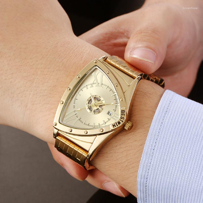 Wristwatches Triangle Men Sports Quartz Watch For Male Clock Golden Waterproof Wrist Watches Relogio Masculino Stainless Steel 2022, Gold black