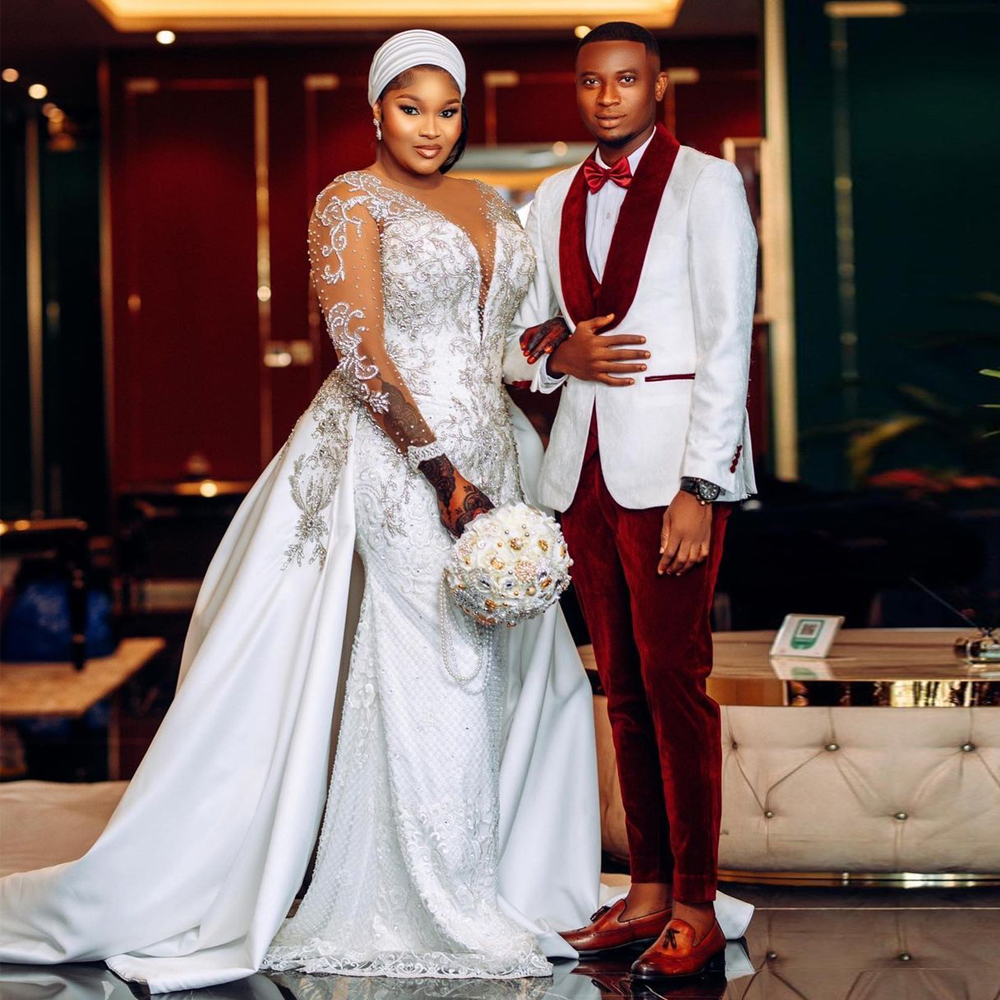 Plus Size Aso Ebi Mermaid Wedding Dresses with Detachable Train Illusion Long Sleeve African Beaded Lace Mariage Bridal Gown