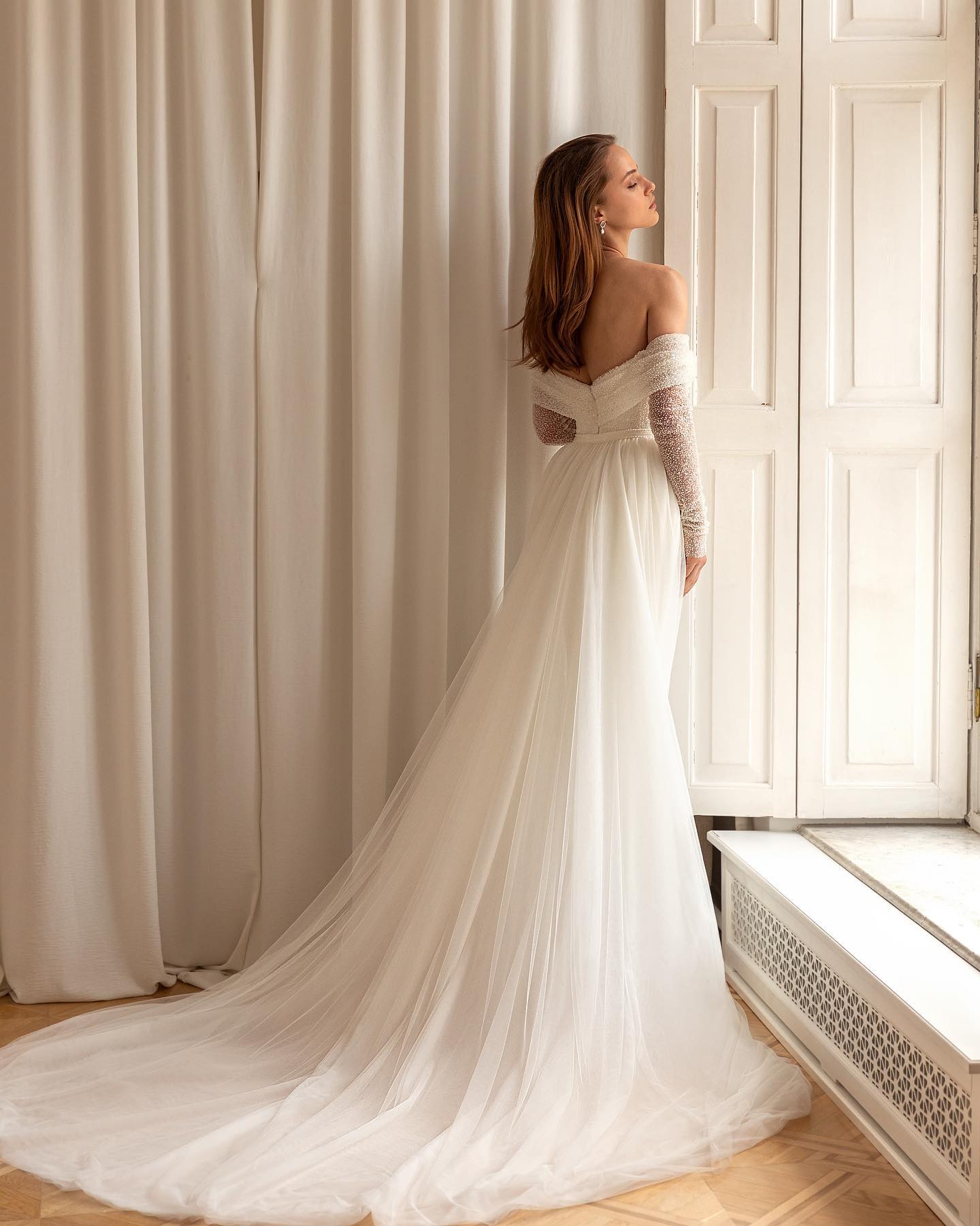 Eva Lendel Sparkly Beading Mermaid Wedding Dress With Detachable Train Off The Shoulder Long Sleeve Bridal Gowns Sequined robes de mariee