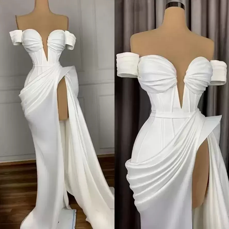White Mermaid Sexy Satin Wedding Dresses Front Split Pleats Plus Size Bridal Party Gowns for African Women Robe De Marriage