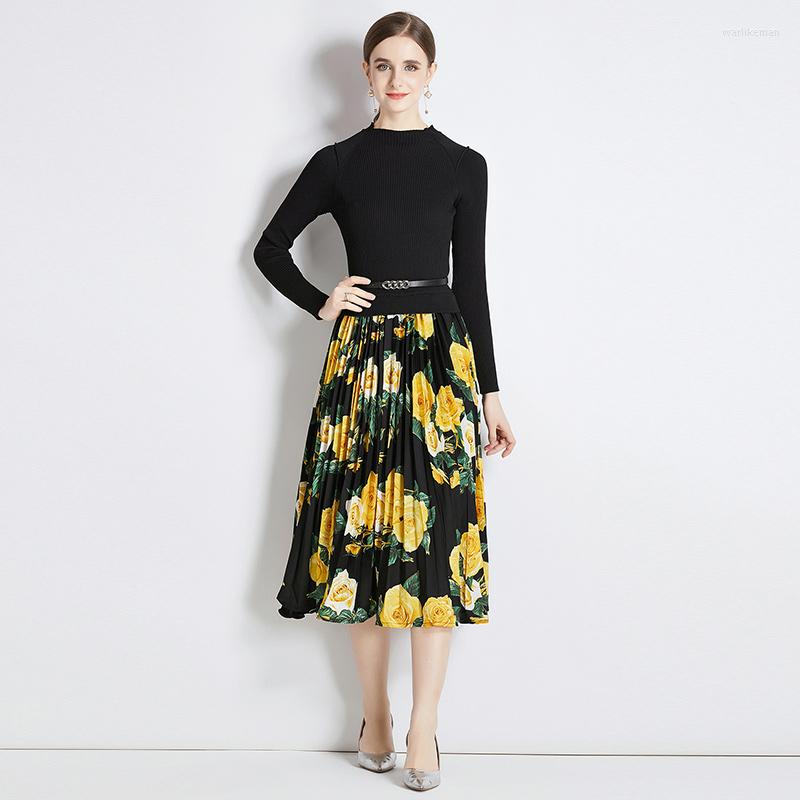 Casual Dresses Arrival Autumn Winter Flower Print Knitted Stitching Pleated Dress Elegant Women O Neck Long Sleeve Black Belt Midi Vestidos
Casual Dresses Arrival Autumn Winter Flower Print Knitted Stitching Pleated Dress Elegant Women O Neck Long Sleeve Black Belt Midi Vestidos