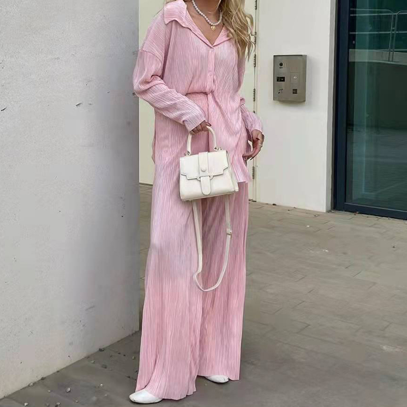 Women's Two Piece Pants Women's Suit Solid Long Sleeve Pleated Blouse With High Wasit Pants 2 piece Sets Womens Outfits Loose Elegant Office