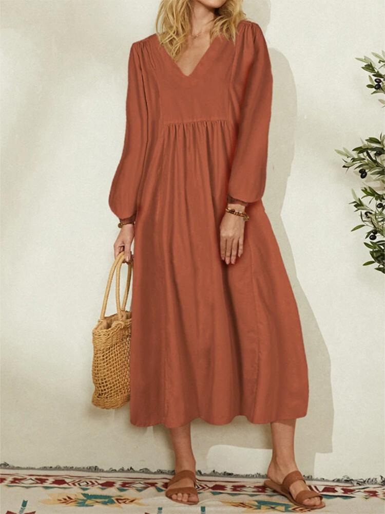 

Dresses Spring and Summer New Solid Color Fashion Women's V-neck Cotton Linen Loose Lantern Sleeve Dress Commuting Leisure Vacation, Orange