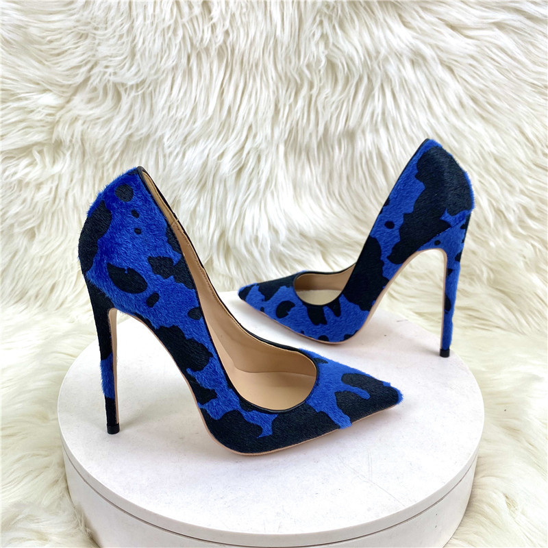 New Luxury Women Shoes Fashion Blue Cow Woman Hairy Flock Pointed Toes High Heel Shoe Comfortable Elegant Ladies Formal Dress