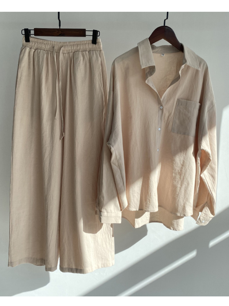 Women's Two Piece Pants Women Casual Cotton 2 Piece Set Summer Female Vintage Loose Outfits Oversized Long Sleeve Shirt And High Waist Pants Suit