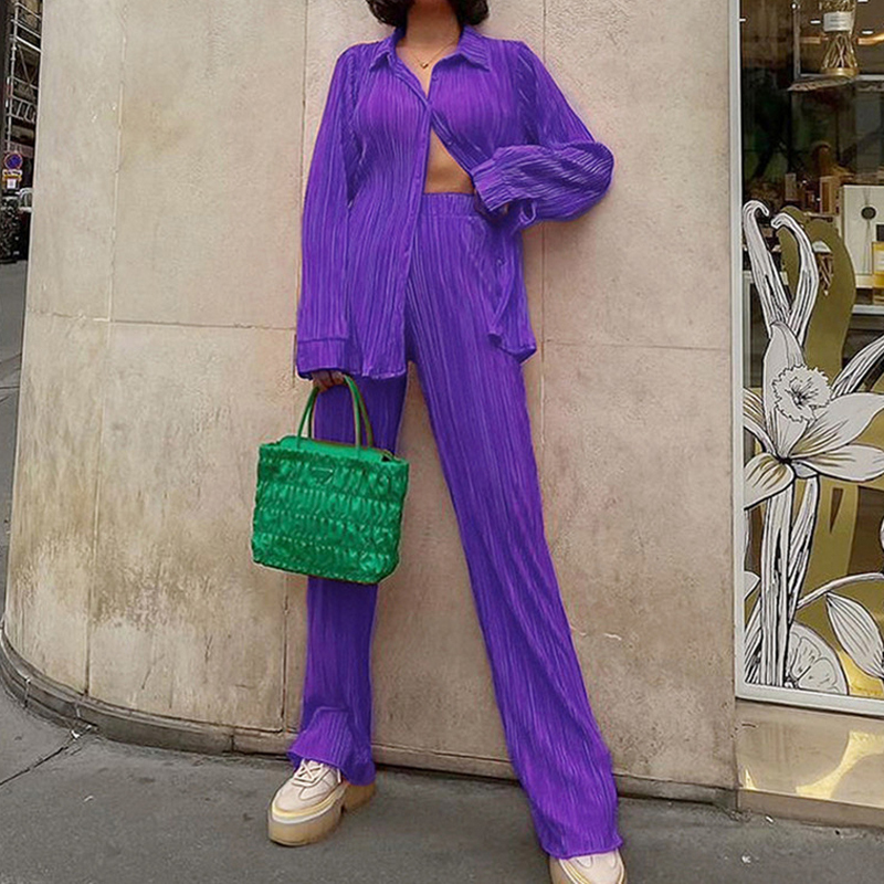 Women's Two Piece Pants Women's Suit Solid Long Sleeve Pleated Blouse With High Wasit Pants 2 piece Sets Womens Outfits Loose Elegant Office