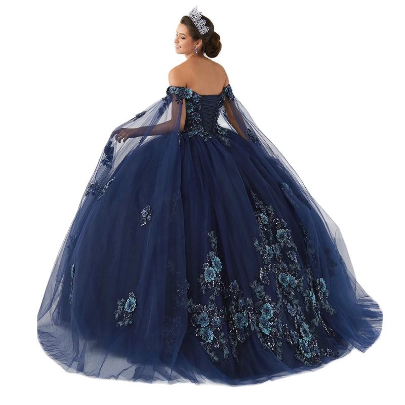 Quinceanera Dresses Navy Blue 3D Flower Appliques Sweet 16 Dress with Cape Sleeve Plus Size Mexico Girls Vestidos de XV anos