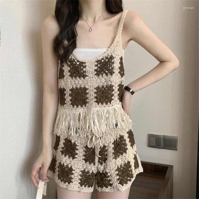 Women's Tracksuits Sweet Crochet Tops And Shorts Summer Grid O Neck Streetwear For Girl Female, Green
Women's Tracksuits Sweet Crochet Tops And Shorts Summer Grid O Neck Streetwear For Girl Female, Green