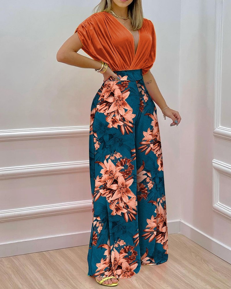 Women's Two Piece Pants Summer Two Piece Set Women Fashion V-neck Bat Sleeve Top Printed Wide-leg Pants Suit Casual Two Piece Set Women 221010