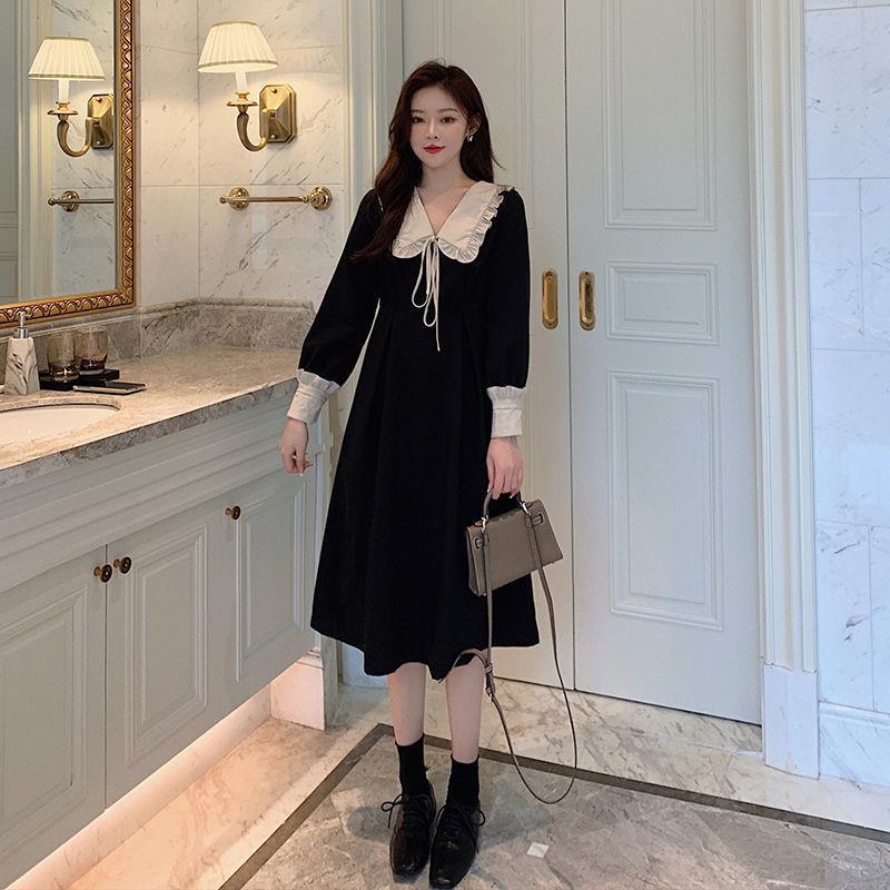 french vintage dress womens gentle doll neckline tie bow show slim black dresses