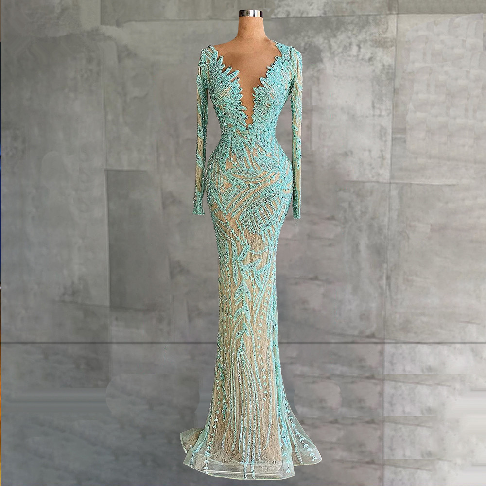 Exquisite Mint Green Mermaid Prom Dresses Beads Long Sleeves Party Dresses Sheer Neck Lace Custom Made Evening Dress, Brown
Exquisite Mint Green Mermaid Prom Dresses Beads Long Sleeves Party Dresses Sheer Neck Lace Custom Made Evening Dress, Brown