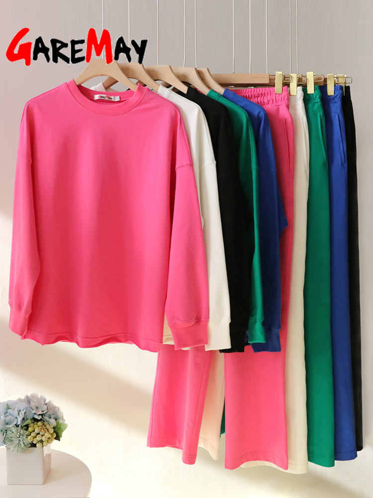 Women's Two Piece Pants Spring Tracksuit Casual Women's Trouser Suit Blue Sweatshirt Cotton 2 Piece Sets Womens Outfits Oversize Wide Pants 