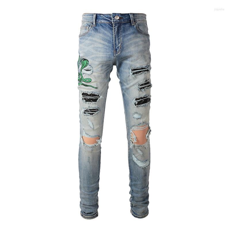 Men's Jeans Men Snake Embroidery Streetwear Leather Patch Stretch Denim Skinny Pants Holes Ripped Distreesed Pencil Trousers, Blue
Men's Jeans Men Snake Embroidery Streetwear Leather Patch Stretch Denim Skinny Pants Holes Ripped Distreesed Pencil Trousers, Blue