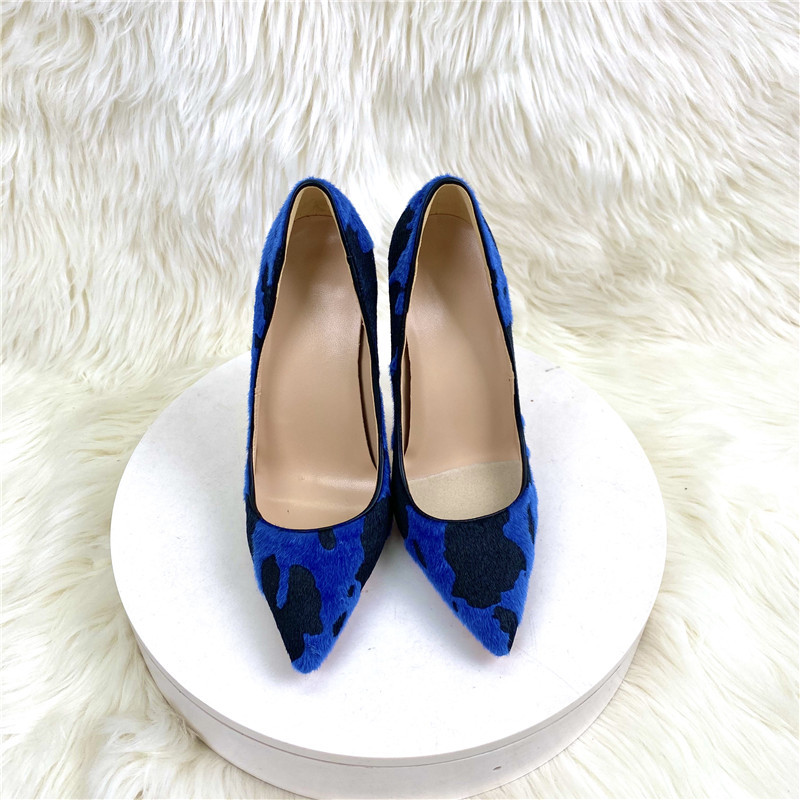 New Luxury Women Shoes Fashion Blue Cow Woman Hairy Flock Pointed Toes High Heel Shoe Comfortable Elegant Ladies Formal Dress