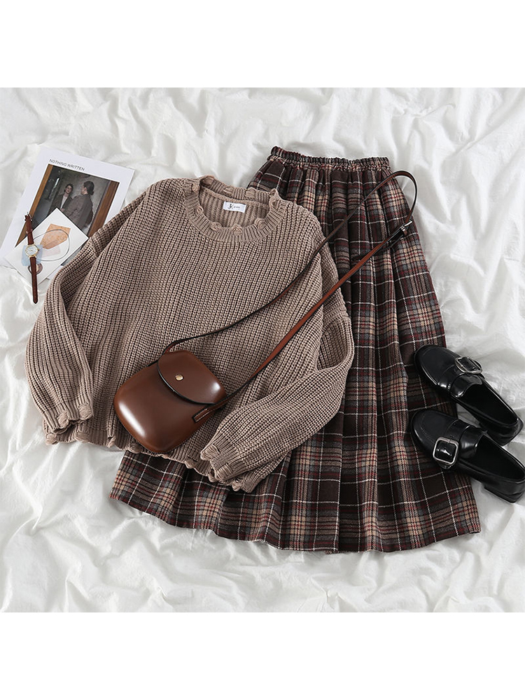 Two Piece Dress Autumn Winter Suits Plus Size Women Knit Sweater Plaid Skirt Sets Fashion Dresses Long sleeves Skirts 221010, Khaki
Two Piece Dress Autumn Winter Suits Plus Size Women Knit Sweater Plaid Skirt Sets Fashion Dresses Long sleeves Skirts 221010, Khaki