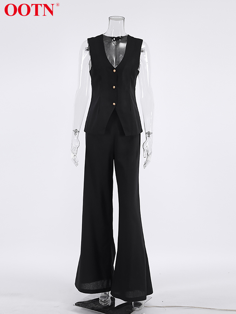 Women's Two Piece Pants OOTN Office 2 Pieces Sets Elegant Cotton Linen V-Neck Sleeveless Button Vest Outfit Summer High Waist Wide Trousers Suit 