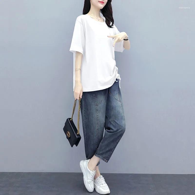 Women's Two Piece Pants Women's White Short-Sleeved Cotton T-Shirt And Jeans Suit Women Summer 2022 Loose Casual Two-Piece Femme Pant, Blue sets
Women's Two Piece Pants Women's White Short-Sleeved Cotton T-Shirt And Jeans Suit Women Summer 2022 Loose Casual Two-Piece Femme Pant, Blue sets