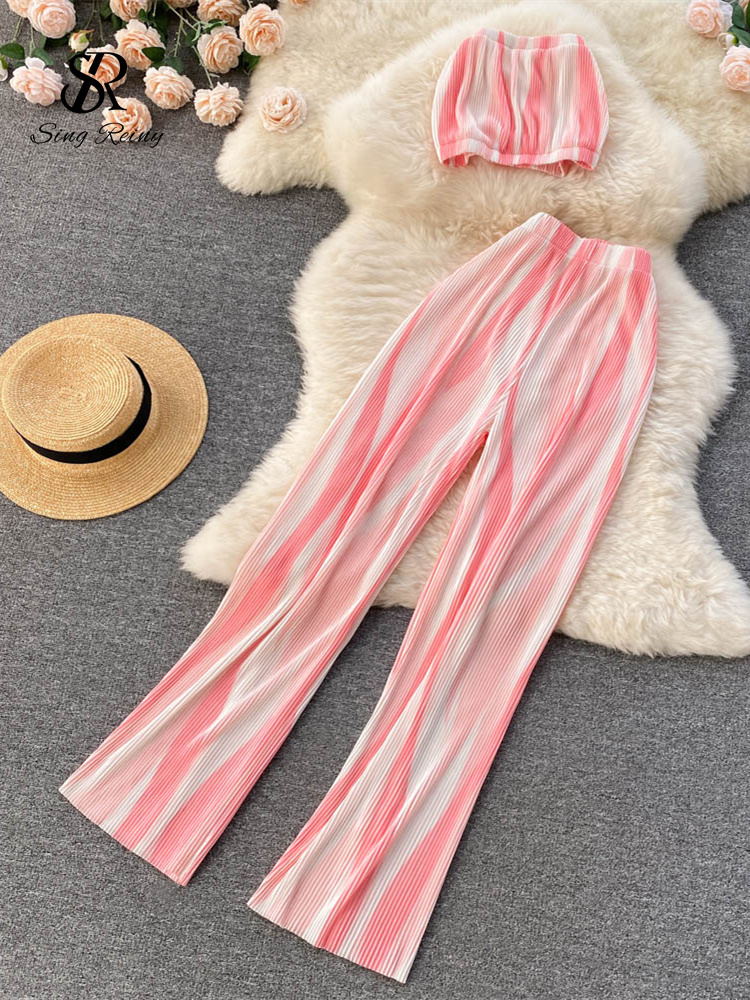 Women's Two Piece Pants SINGREINY Vacation Summer Women Sexy Set Fashion Elastic Waist Short Tops Ruched Slim Ladies Temperament Two Piece Sets 2