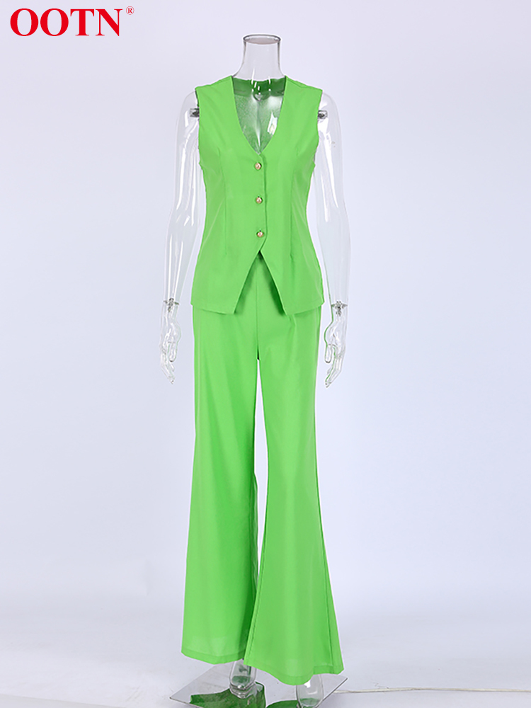 Women's Two Piece Pants OOTN Office 2 Pieces Sets Elegant Cotton Linen V-Neck Sleeveless Button Vest Outfit Summer High Waist Wide Trousers Suit 