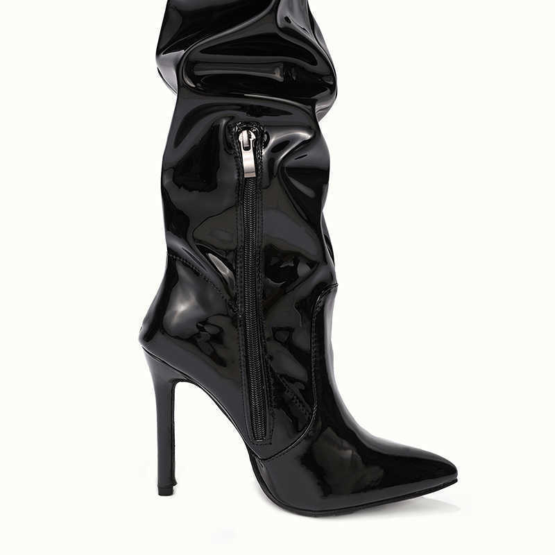 Boots High Quality Pleated Patent Leather Motorcycle Over The Knee Boots Women Fashion Pointed Toe Zip Thigh High Lady Shoes J220923