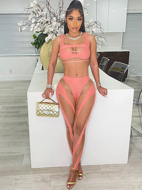 Women's Two Piece Pants Kliou Mesh Patchwork Two Piece Set Women Skinny Hole Sleeveless VestMid Waist See Through Leggings High Street Attirewear