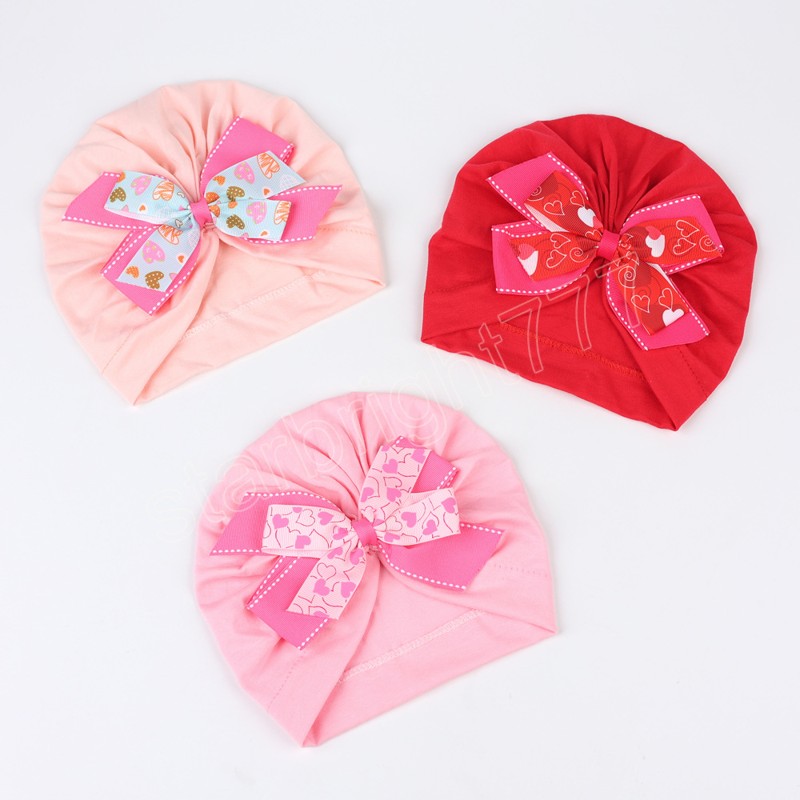 Newborn Toddler Heart Bow Hat Kids Soft Bowknot Turban Caps with Double Ribbon Bows Baby Girls Hair Accessories