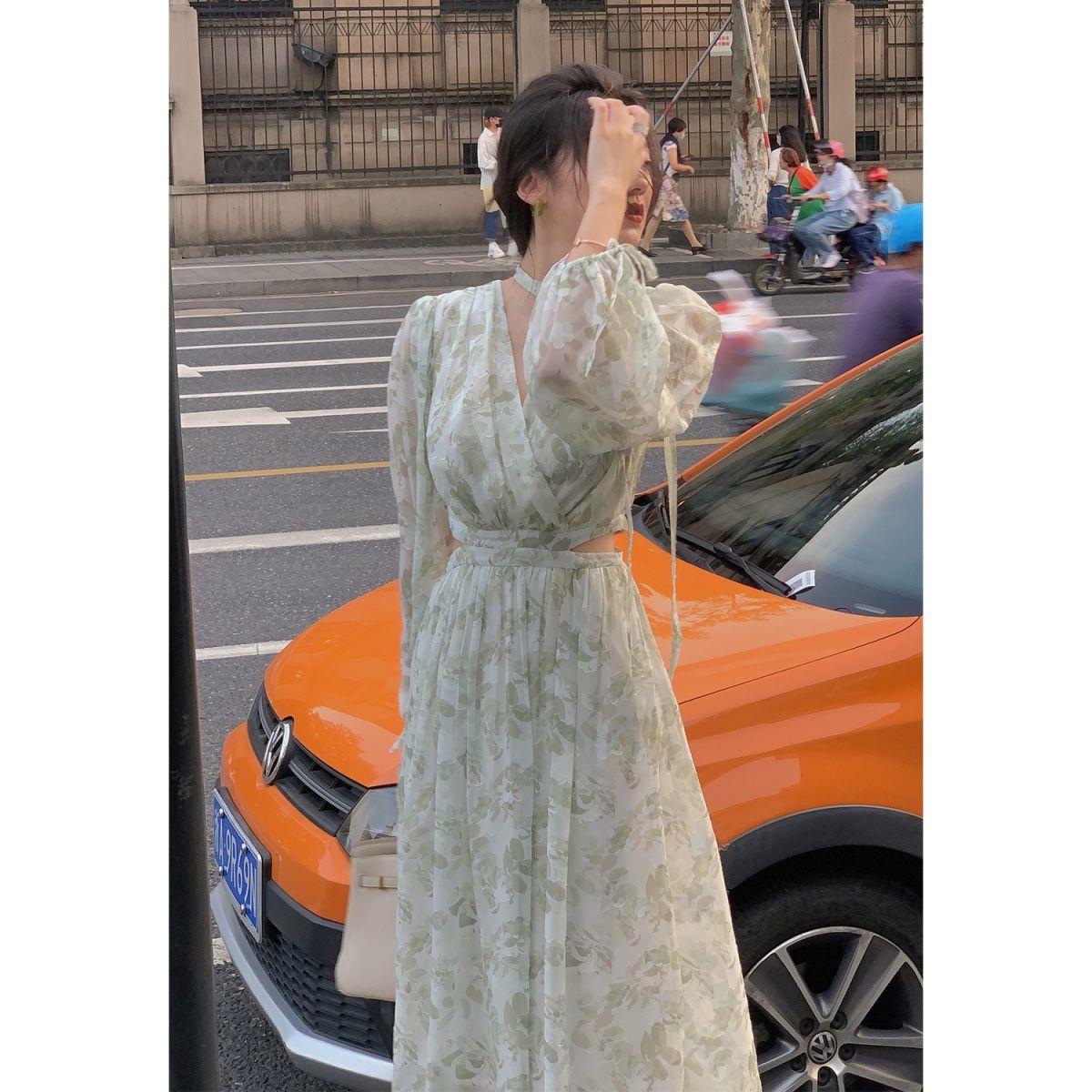 dress lady solid color fashion autumn high quality vneck long sleeve temperament