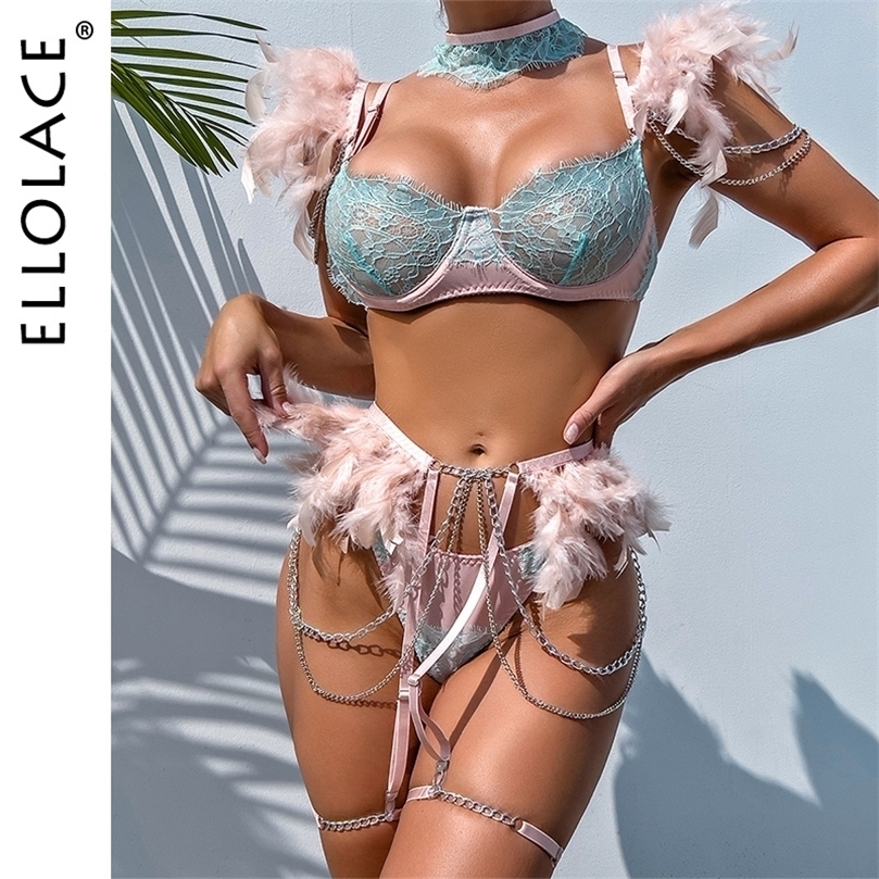 Sexy Set Ellolace Feather Lingerie With Chain Luxury Lace Delicate Underwear Uncensored Fancy Intimate Fine Garter Belt Exotic Sets 221010, Pink mint