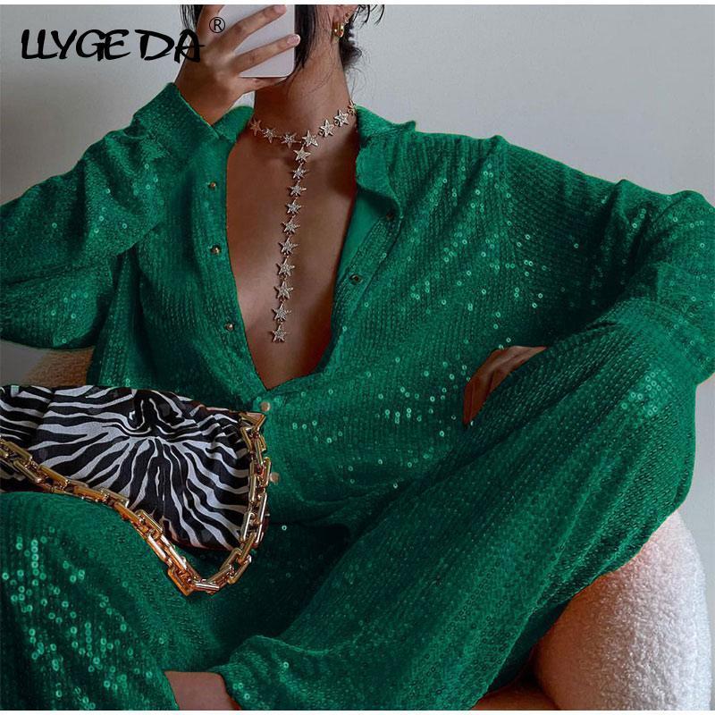 Women's Two Piece Pants Sequins Sexy Women's 3 Pieces Set Bling Underwear Bra Long Sleeve Shirt Wide Leg Pants Female Sets Party Ladies Gree