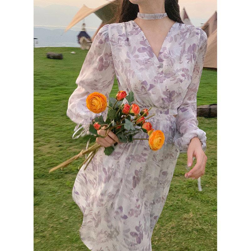 dress lady solid color fashion autumn high quality vneck long sleeve temperament