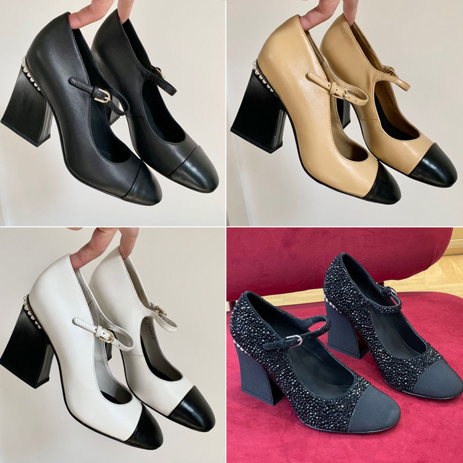 Luxury Mary Jane Heels Women's pumps Shoes Designer Sandals Fashion Leather Dress shoes Chunky Heel Splicing Black White Khaki Evening party shoes Size 35-41 With box