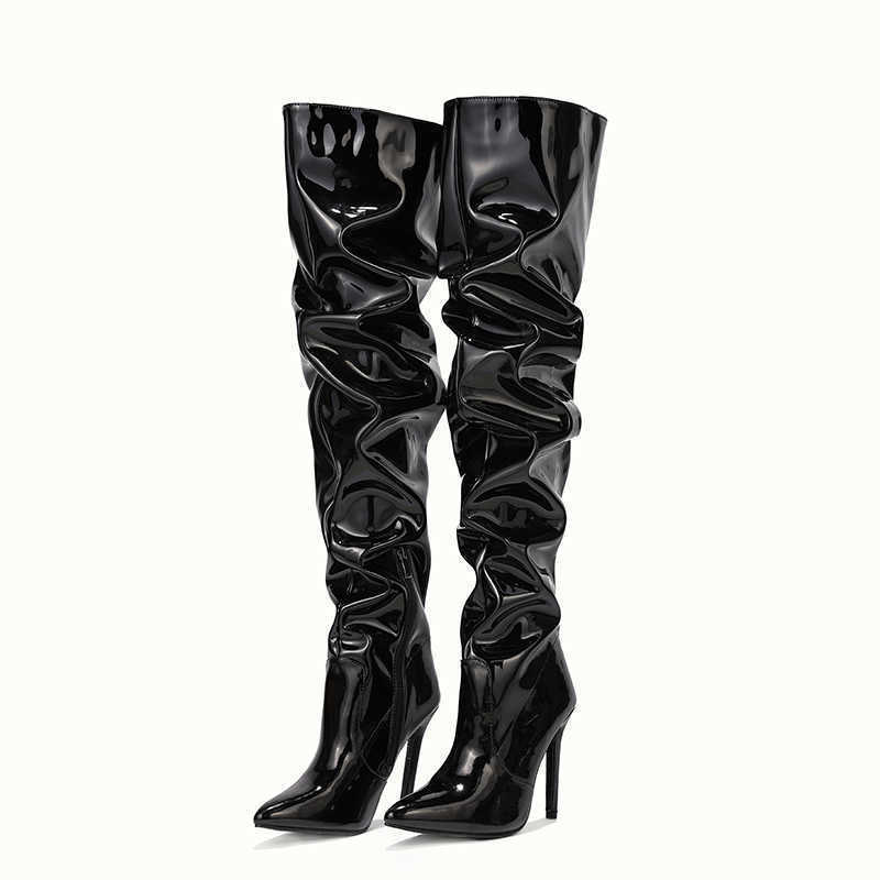 Boots High Quality Pleated Patent Leather Motorcycle Over The Knee Boots Women Fashion Pointed Toe Zip Thigh High Lady Shoes J220923