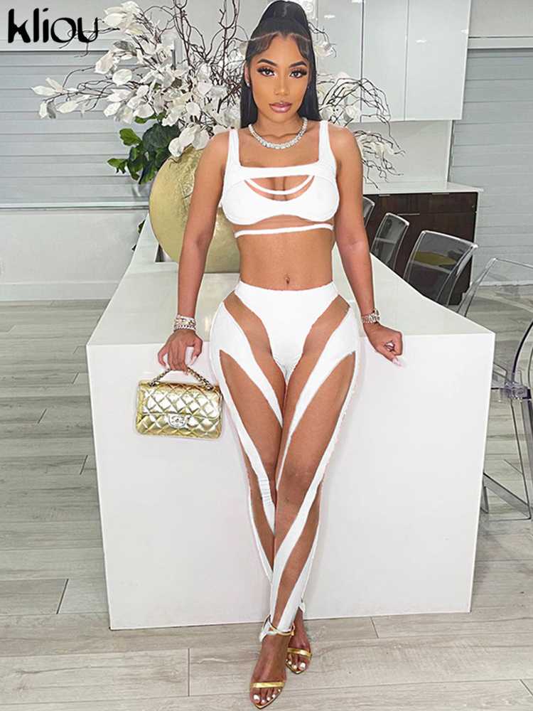 Women's Two Piece Pants Kliou Mesh Patchwork Two Piece Set Women Skinny Hole Sleeveless VestMid Waist See Through Leggings High Street Attirewear