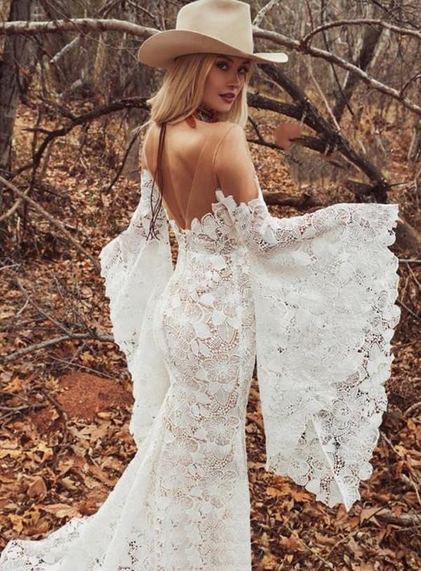 Long Boho Sleeves Wedding Dresses 2022 Sheer O-Neck Vintage Crochet Bold Cotton Lace Bohemian Hippie Country Bride Gowns 0431