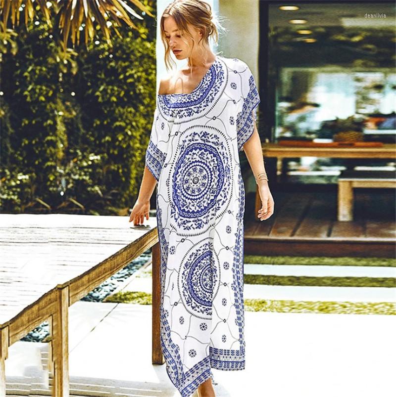 Women's Swimwear Long Beach Cover Up Robe De Plage Swimsuit Saida Praia Longa Print Women Bathing Suit Tunics For, Blue