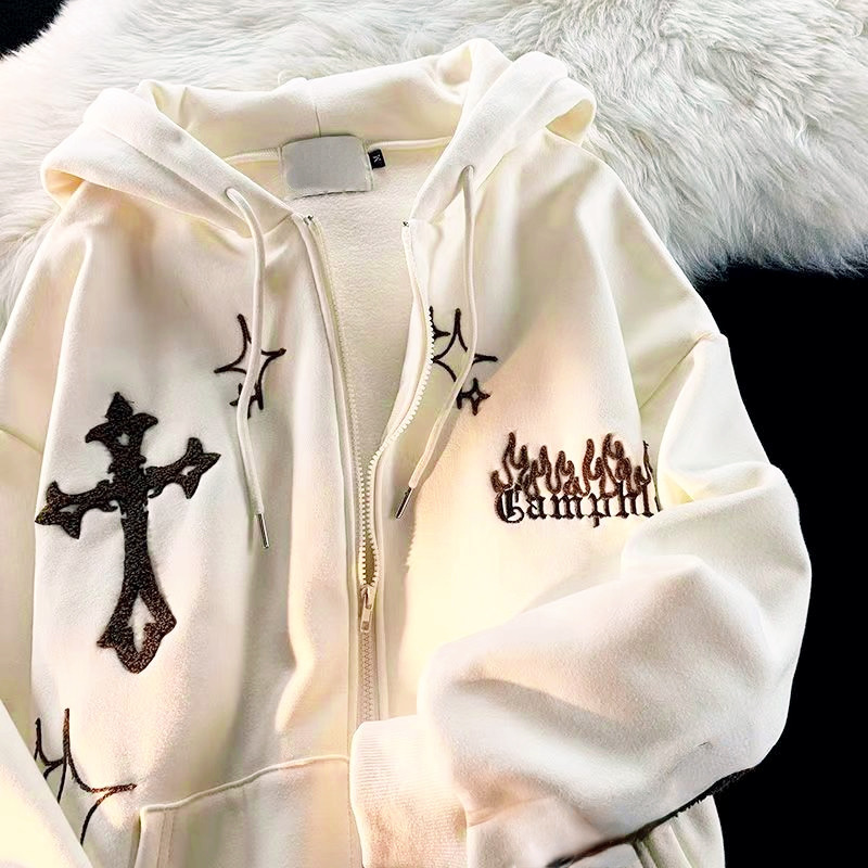 Womens Hoodies Sweatshirts Vintage Embroidery Hoodies Women Harajuku Long Sleeve Zip Up Sweatshirt Hip Hop Gothic Streetwear Hooded Jacket Coat Y2k Cl