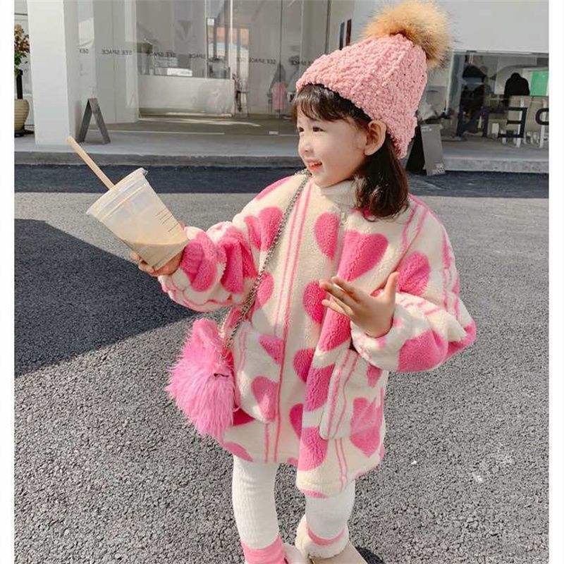 Jackets Girls Fleece Jacket Coat Cute Heart Pattern Warm Children Outerwear Sweatshirt Winter Fashion Kids Top Clothes 221010