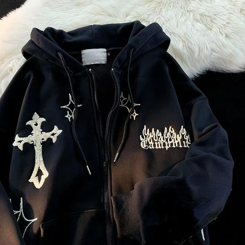 Womens Hoodies Sweatshirts Vintage Embroidery Hoodies Women Harajuku Long Sleeve Zip Up Sweatshirt Hip Hop Gothic Streetwear Hooded Jacket Coat Y2k Cl
