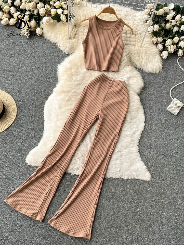 Women's Two Piece Pants SINGREINY Women Casual Pants Set Fashion Bodycon Slim Short Tank Top Striped Wide Legs Long Pants Solid Summer Two Piece 