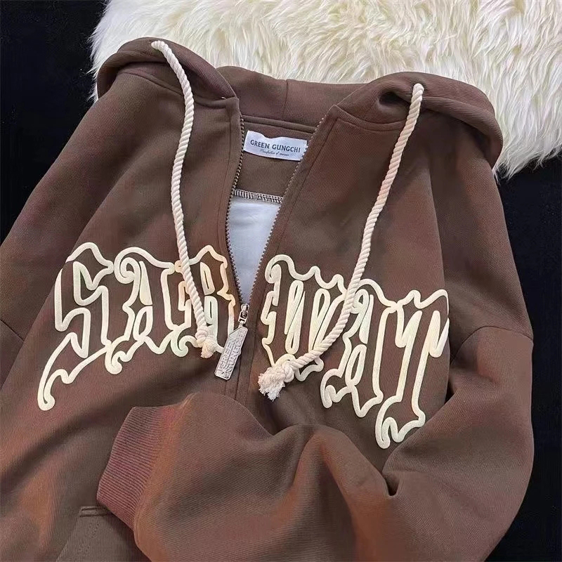 Womens Hoodies Sweatshirts Y2k Vintage Letter Print Hoodie Casual Zip Up Long Sleeve Loose Jackets Coats Harajuku Goth Hooded Streetwear 221010