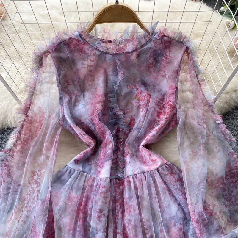 Vintage Super Fairy French Tea Break Dress Mesh Print Temperament Sweetheart First Love A-line Mid length Dress