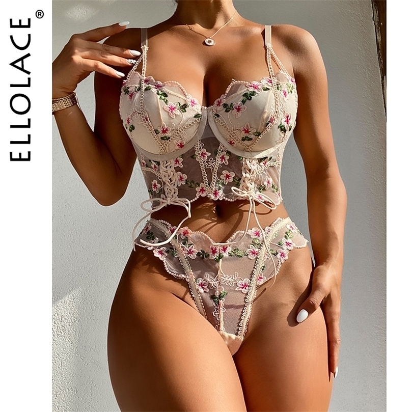 

Sexy Set Ellolace Fancy Lingerie Sexy Underwear Set Women 2 Piece Fairy Floral Embroidery Delicate Brief Lace Up Transparent Bra Intimate 221010, Khaki