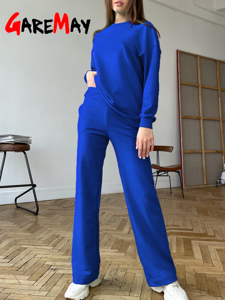 Women's Two Piece Pants Spring Tracksuit Casual Women's Trouser Suit Blue Sweatshirt Cotton 2 Piece Sets Womens Outfits Oversize Wide Pants 