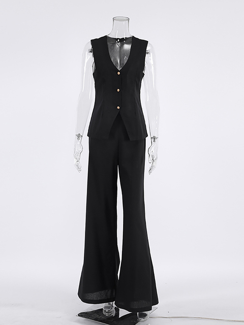 Women's Two Piece Pants OOTN Office 2 Pieces Sets Elegant Cotton Linen V-Neck Sleeveless Button Vest Outfit Summer High Waist Wide Trousers Suit 