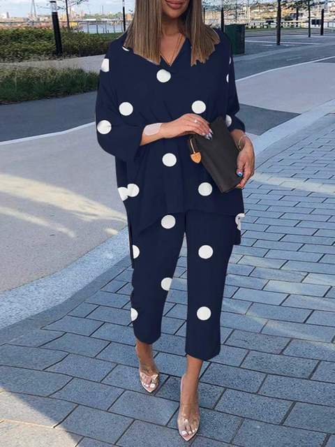 Women's Two Piece Pants ZANZEA Bohemian Summer Polka Dots Printed Holiday Matching Sets Long Sleeve O-Neck High Low Blouse Femme Fashion Casual P